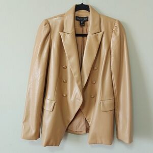 Rachel Zoe Faux Vegan Leather Blazer Small Camel Beige Double Breasted Jacket